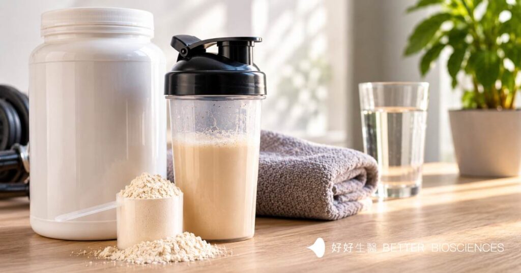 白色大理石桌面上擺放乳清蛋白粉、量匙、運動搖搖杯與一杯清水，背景有模糊健身器材，呈現乳清蛋白補充與健康生活情境。