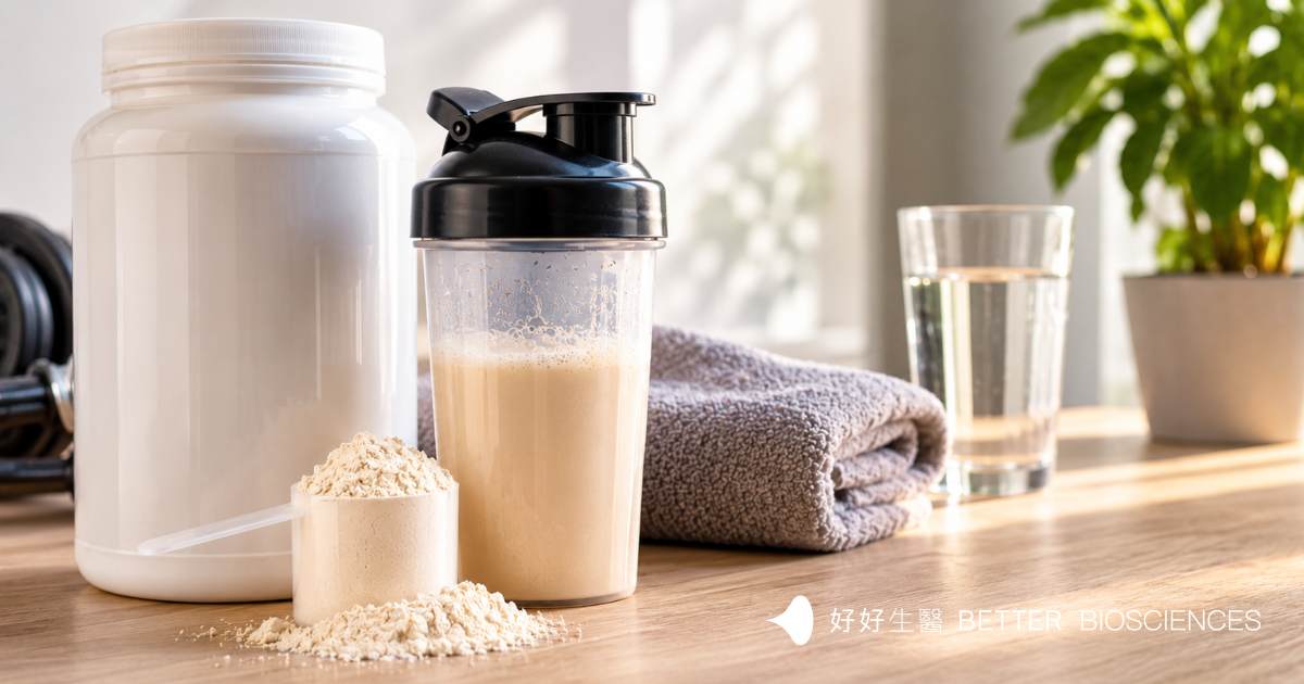 白色大理石桌面上擺放乳清蛋白粉、量匙、運動搖搖杯與一杯清水，背景有模糊健身器材，呈現乳清蛋白補充與健康生活情境。