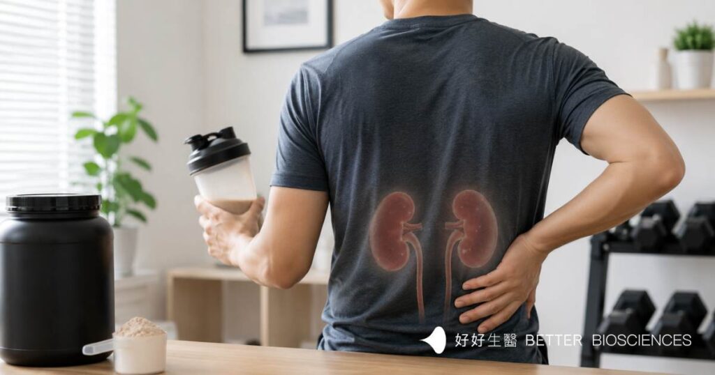 男性手持乳清蛋白搖搖杯並扶著下背部，背部以淡化腎臟示意圖呈現，探討乳清蛋白與腎臟健康的關聯。