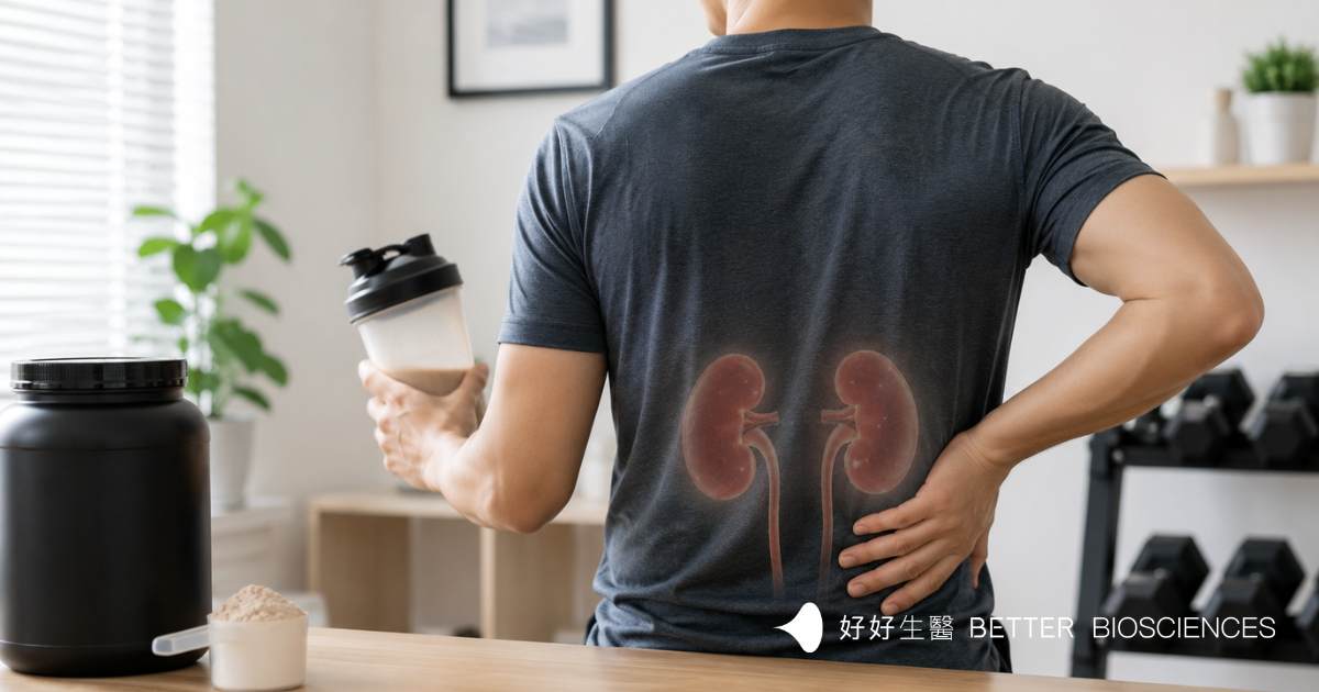 男性手持乳清蛋白搖搖杯並扶著下背部，背部以淡化腎臟示意圖呈現，探討乳清蛋白與腎臟健康的關聯。