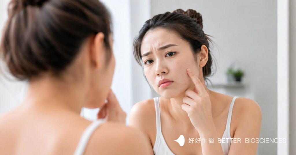 年輕亞洲女性站在鏡子前觀察臉頰上的小痘痘，神情帶有些許困擾，呈現肌膚狀況變化與痘痘問題情境。