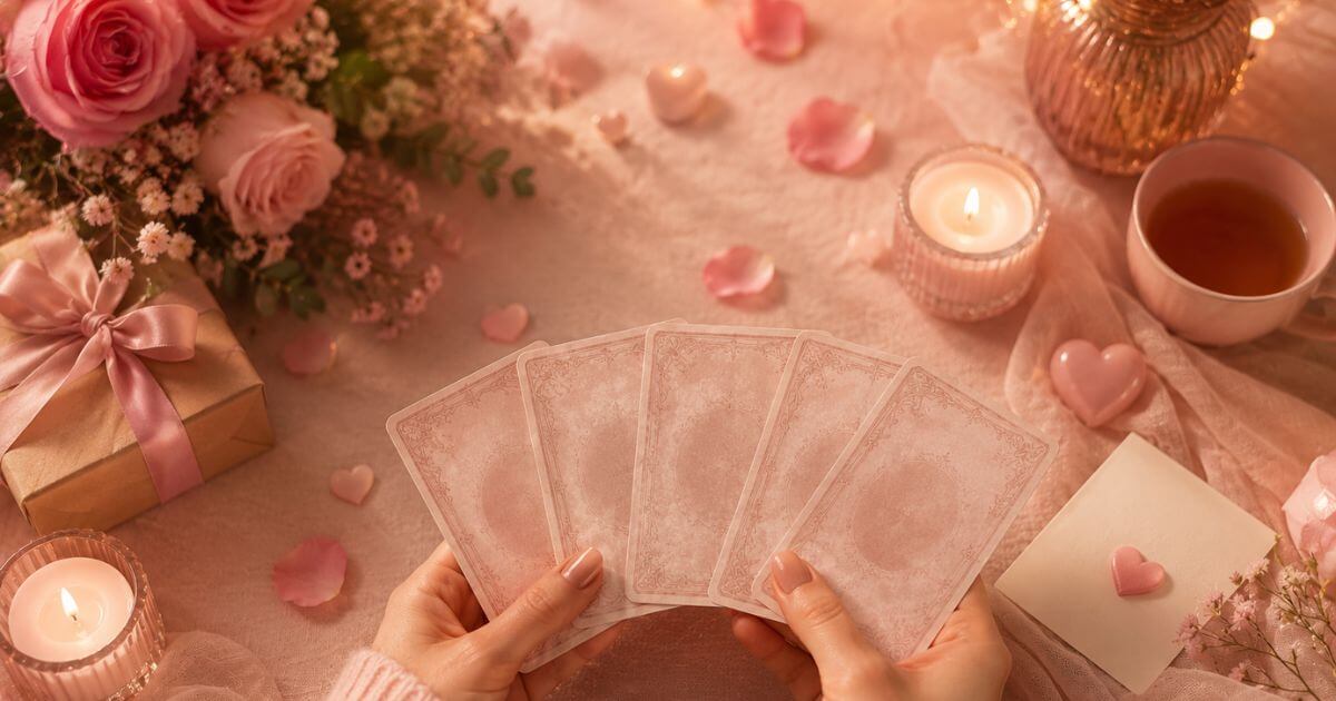 Hands holding the backs of Lenormand cards surrounded by pink roses and candles, symbolizing a romantic Qixi love fortune reading.