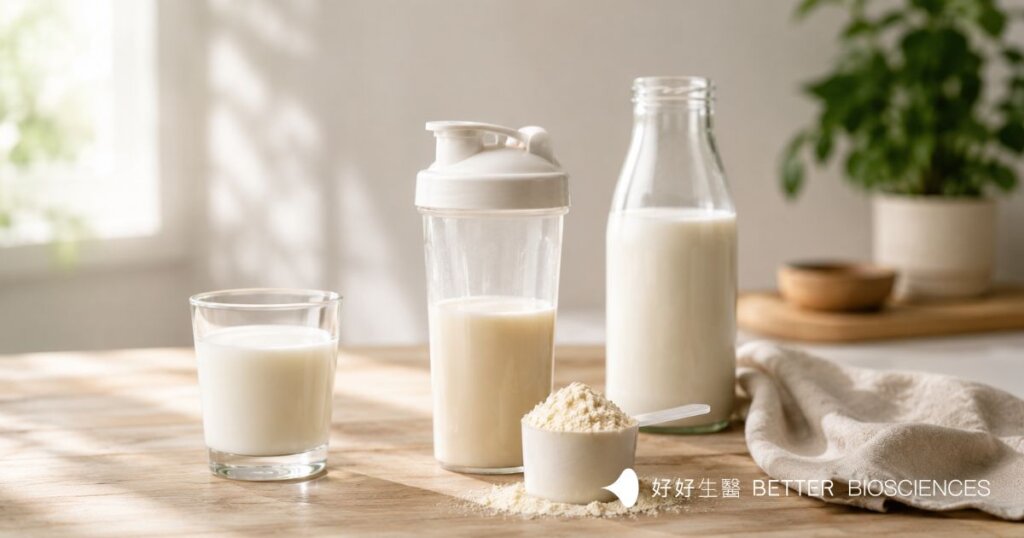 Glass of milk, milk bottle, whey protein powder, and protein shaker displayed together to compare whey protein powder with drinking milk as protein sources.