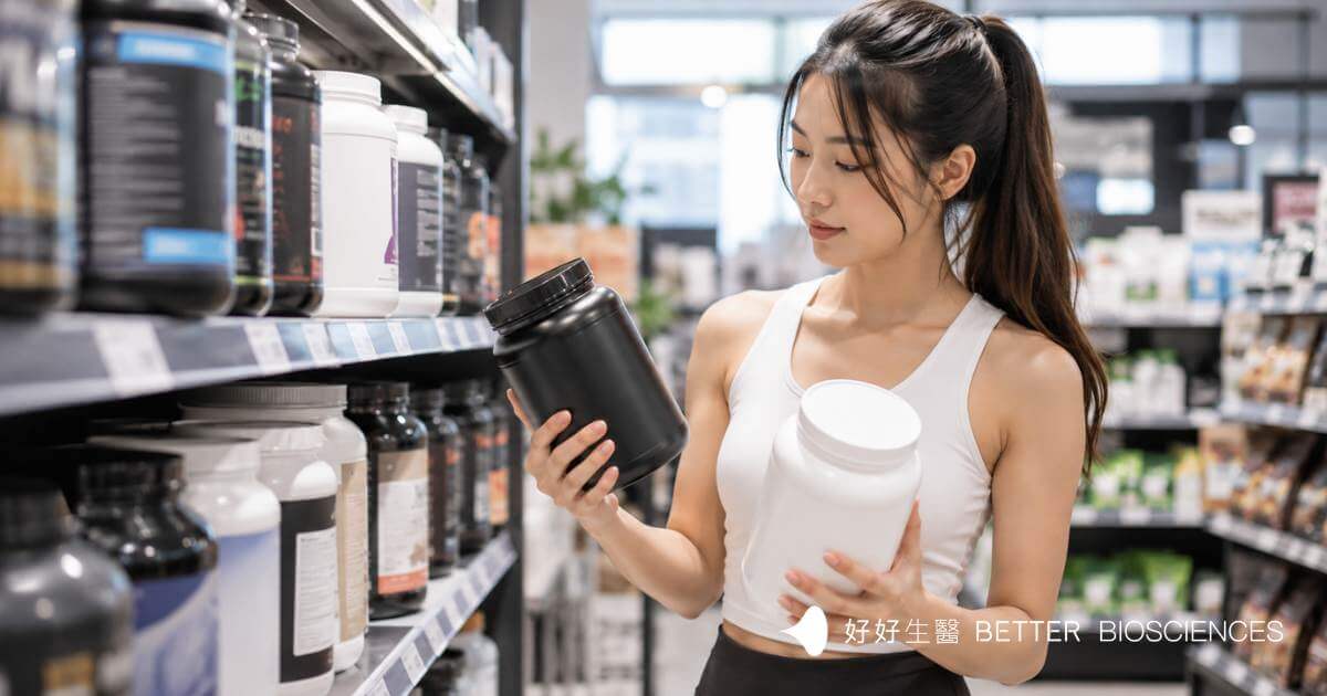 亞洲女性在營養品店比較不同乳清蛋白產品，閱讀包裝資訊並挑選適合自己的蛋白質補充品。